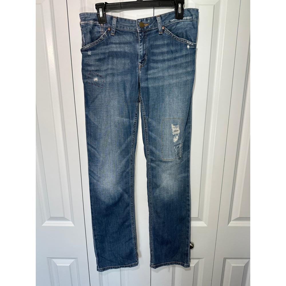 Gap Easy Straight Jeans Womens 29/8 Blue Distressed Cinch Back Patchwork Y2K